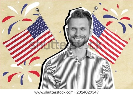 Colorful picture collage of funny usa citizen celebrate holiday fourth July enjoy patriotic decor watch flags fireworks parade