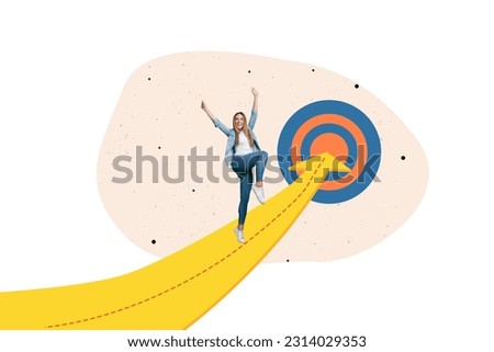 Creative abstract template graphics collage image of lucky exited lady achieving success isolated white color background