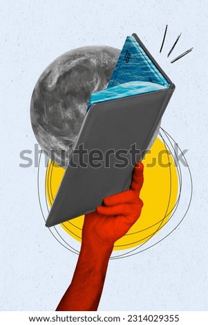Vertical collage picture of red arm hold opened book diary water pages full moon painted sun isolated on creative background