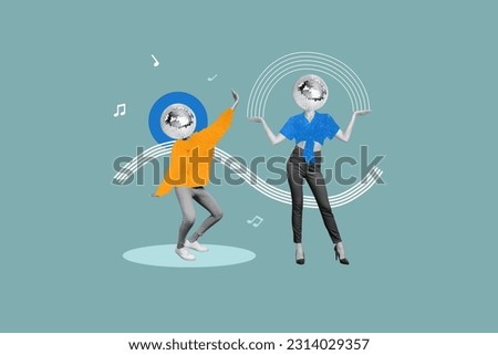 Collage picture of two black white effect girls disco ball instead head dancing partying isolated on painted background