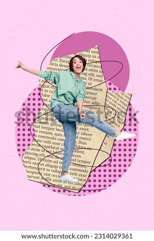 Exclusive magazine picture sketch collage image of excited funky lady learning subjects isolated creative background
