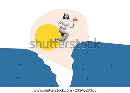 Collage 3d pinup pop retro sketch image of excited lady jumping rising flag achieving success isolated painting background