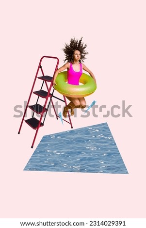 Vertical collage image of carefree girl climb ladder jumping water inflatable ring isolated on creative summer background