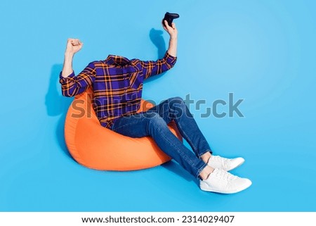 Creative weird absurd collage template of person without face playing video game winning can choose any personage concept Royalty-Free Stock Photo #2314029407