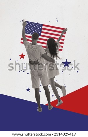 Vertical picture collage of two people couple in love hold up american flag visit parade patriots happy citizens usa us states life