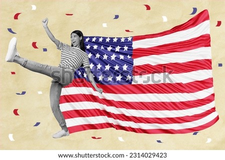 Creative photo picture collage of funny usa citizen girl marching holiday fourth July patriotic parade striped us flag background