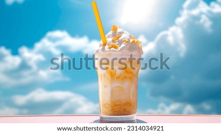 Ice cream exotic milkshake front of blue sky. Summer holiday fresh frozen dessert in glass. Vanilla mango cream with pineapple photo Royalty-Free Stock Photo #2314034921