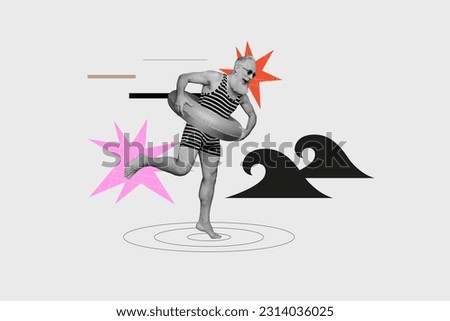 Painting image poster banner collage of grandfather touch water feet before swimming on summer vacation at beach Royalty-Free Stock Photo #2314036025