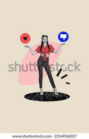 Template image picture collage of lady smm marketer hold hands social media reaction like dislike review concept