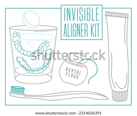 Orthodontic silicone trainer cleaning. Invisible braces aligner, retainer. Daily routine. Deep clean. Anti-bacterial tablet. Editable vector illustration isolated on a white background. Royalty-Free Stock Photo #2314036391