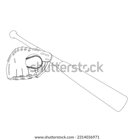 Outline of a baseball bat with a ball and a glove for catching balls from black lines isolated on a white background. Perspective view. Vector illustration.