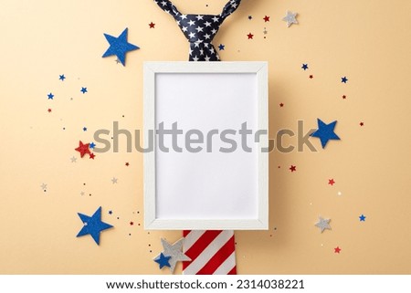Top view of photo frame over tie featuring the pattern of the United States flag, dazzling decorations like stars and confetti, set against beige background with unoccupied space for text or picture