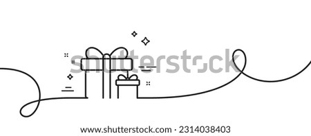 Gift boxes line icon. Continuous one line with curl. Present or Sale sign. Birthday Shopping symbol. Package in Gift Wrap. Surprise package single outline ribbon. Loop curve pattern. Vector Royalty-Free Stock Photo #2314038403
