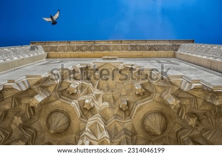 an architectural structure and a flying bird