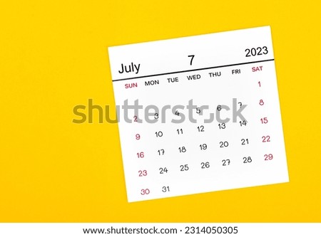 July 2023 Monthly calendar for 2023 year on yellow background.