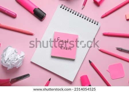 Frame made of different stationery and notebook with text FINAL EXAM on pink background