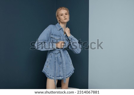 High fashion photo of a beautiful elegant young woman in pretty blue denim, jeans jumpsuit. Bicolor wall, light and dark blue. Blonde, slim figure, short haircut Royalty-Free Stock Photo #2314067881