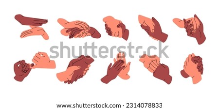 Two hands holding together, touching with love, support, care. Interracial friendship, trust, partnership, warm relationship concept. Flat graphic vector illustrations isolated on white background Royalty-Free Stock Photo #2314078833