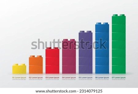 3D graph, diagram, chart, bar or statistic from building block toy for kid toy brick step stair, excellent business, creative solution, bank, finance, investment, money. vector illustration