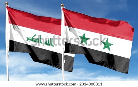 Syria flag and Iraq flag on cloudy sky. waving in the sky