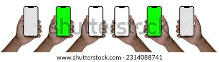Hand holding smart phone Mockup and screen Transparent, Clipping Path isolated for Infographic Business web site design app, green screen