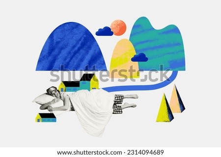 Creative composite abstract 3d concept collage photo of satisfied good mood girl sleeping cuddle pillow isolated drawing background