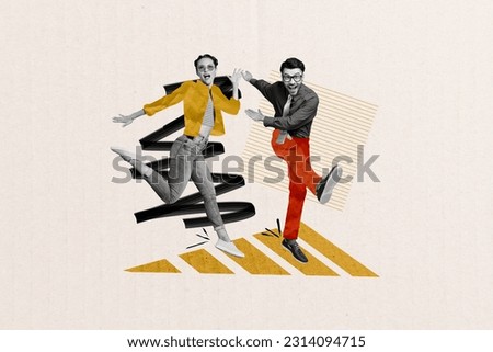 Composite collage picture of two excited carefree people enjoy dancing partying isolated on white drawing background