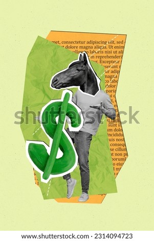 Vertical collage of black white colors guy horse hear big dollar money symbol piece book text page isolated on green background