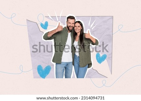 Exclusive magazine picture sketch collage image of confident smiling lady guy embracing showing thumbs up isolated creative background