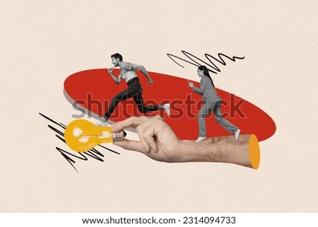 Creative collage of two mini black white effect people use smart phone run hurry big arm fingers hold light bulb isolated on drawing background