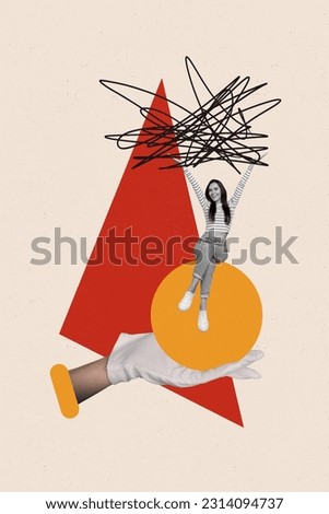 Vertical collage picture of big arm palm glove hold mini black white colors girl sit ball drawing triangle isolated on creative background