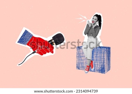Collage picture of big painted reporter arm hold microphone interview mini positive black white colors girl isolated on beige background