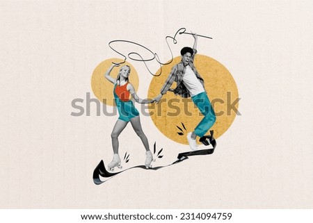 Collage picture of two black white colors crazy carefree partners hold arms dance ride rollerblades isolated on white paper background