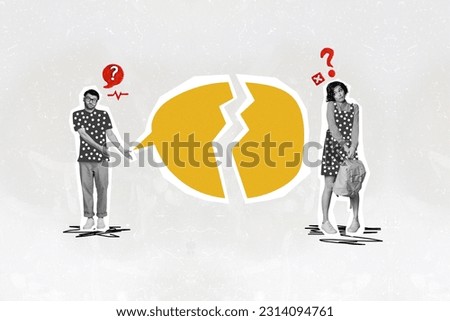 Photo sketch collage picture of uncertain doubtful couple having relationship problems isolated grey color background
