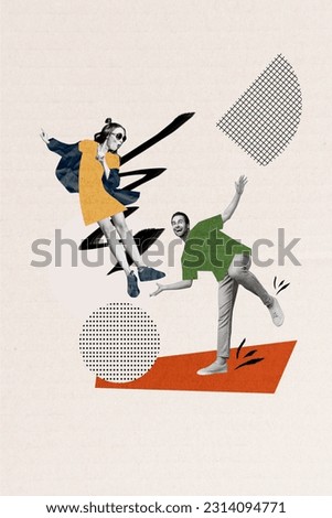 Collage artwork graphics picture of smiling happy couple dancing having fun togehter isolated painting background