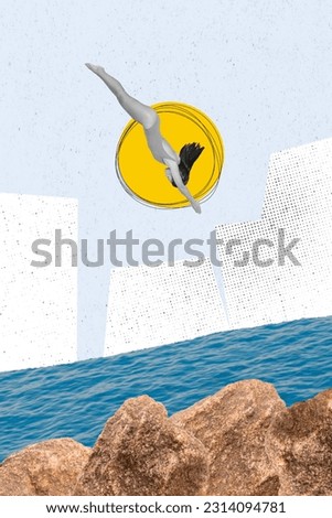 Vertical artwork collage image of black white effect girl jumping diving ocean water painted sun stone rocks isolated on drawing background