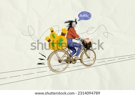 Collage picture of excited black white colors girl ride bicycle plasticine money bags bank dialogue mind bubble isolated on white paper background