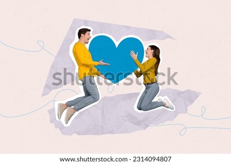 Collage picture of two positive excited partners jumping arms hold huge heart symbol isolated on creative drawing background