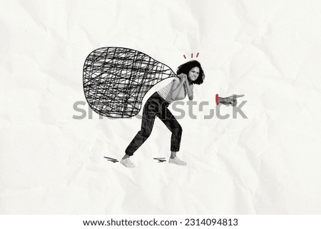 Collage artwork minimal picture of unhappy lady holding huge heavy problems sack isolated white color background