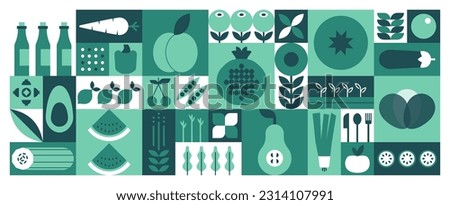 Geometric mosaic food pattern. Natural fruit vegetable icons, simple minimal restaurant menu design. Vector background Royalty-Free Stock Photo #2314107991
