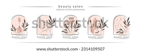 Big set of elements and logos for beauty salon. Nail polish,  manicured female legs, beautiful woman face, eyelash extension, makeup, hairdressing. Vector illustrations Royalty-Free Stock Photo #2314109507