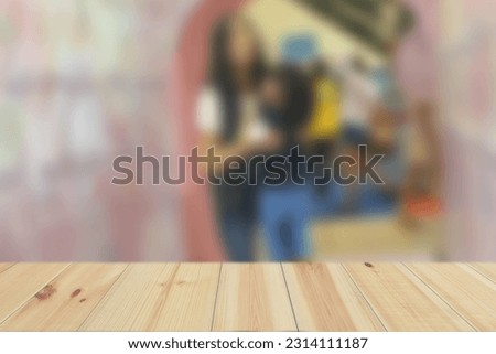 Empty Wood Plate Top Table On People Walking On The Street Background