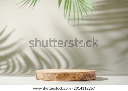 White background of wall with palm shadows and wooden podium. Free space for your decoration. product presentation, mock up, show cosmetic product display, Podium, stage pedestal or platform.