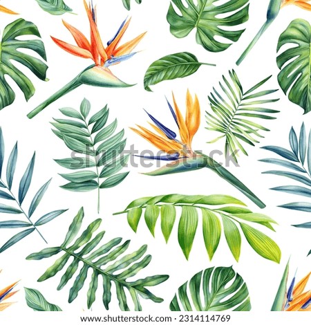 Seamless tropical pattern with palm leaves and strelitzia flowers. Watercolor bird of paradise