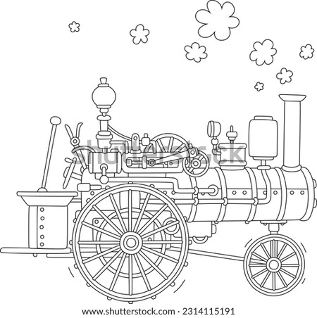 Vintage steam car with a smoking funnel, black and white outline vector cartoon illustration for a coloring book page