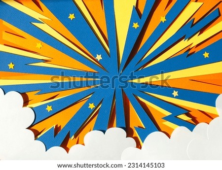 Handmade paper cutout pop art comic background. Cartoon flat style. In yellow, orange and blue color. Lightning. Concept. 