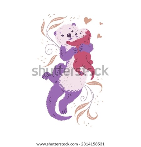 Mother or father and child sea otters are swiming and lovely hugging against the background of beige plants, floral drawings and hearts. Cute cartoon sea otters family. Vector illustration