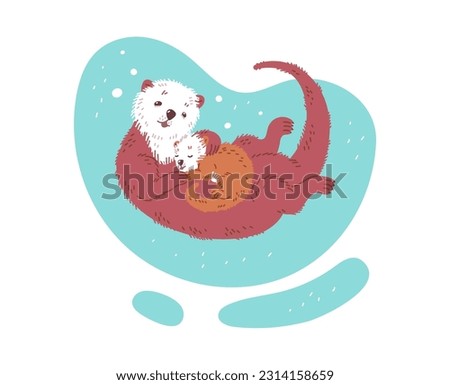 Mother or father sea otter swims with their sleeping cute baby in the river and smiles. Cute cartoon sea otters lovely family. Vector illustration of color hand drawn design style of marine mammals