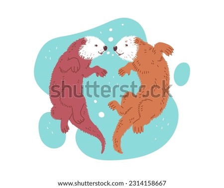 Cute cartoon sea otters lovely family. Mother and father sea otters lovely swim in the river and smile. Vector illustration of color hand drawn style of wildlife animals, marine mammals
