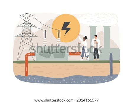 Geothermal energy isolated concept vector illustration. Renewable sources, enhanced geothermal system, thermal green energy, power plants, geyser, heat pump, steam flow, water vector concept. Royalty-Free Stock Photo #2314161577